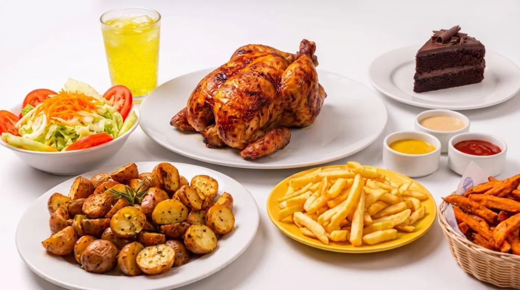 Table full of Las Brujas dishes: chicken, sides, sandwiches and sauces