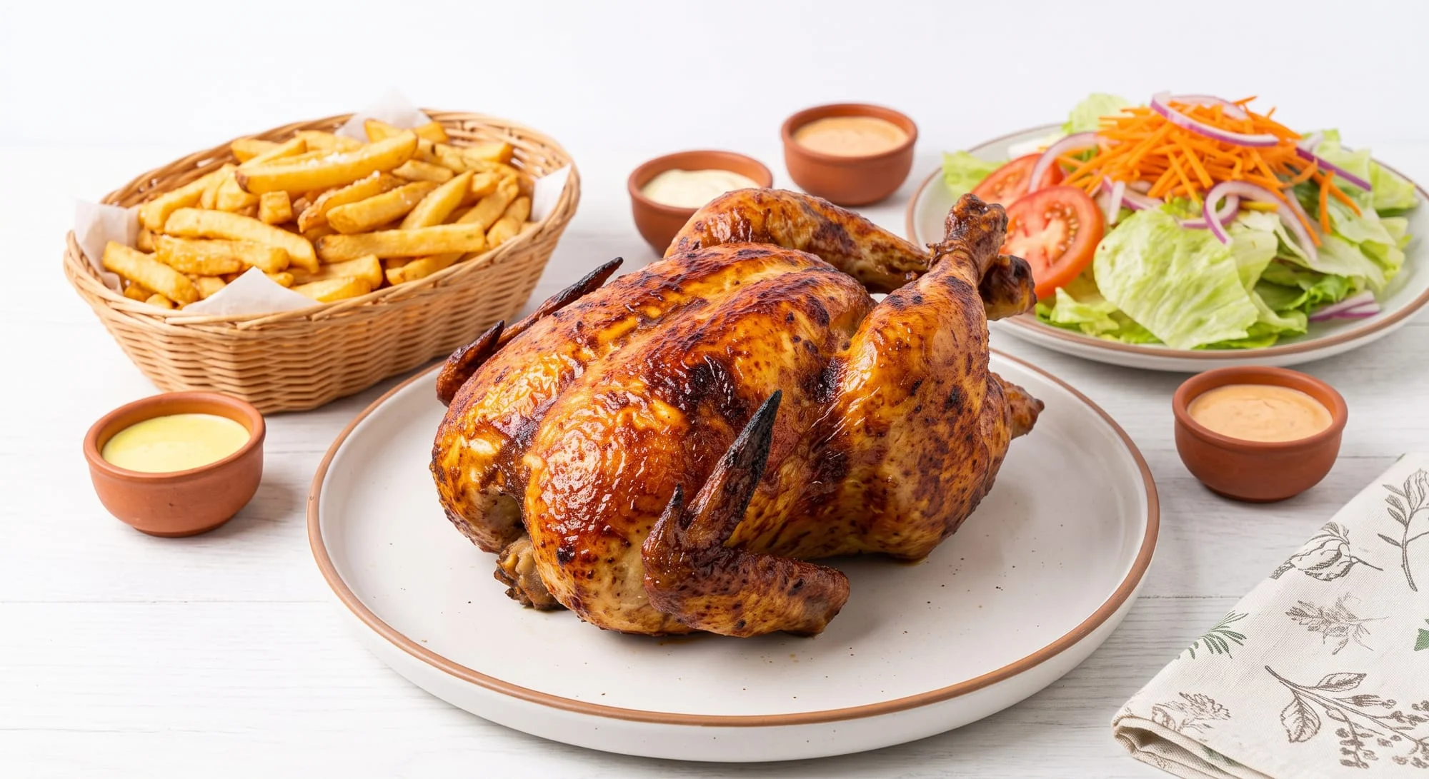 Whole rotisserie chicken with fries, salad and house sauces on a wooden table
